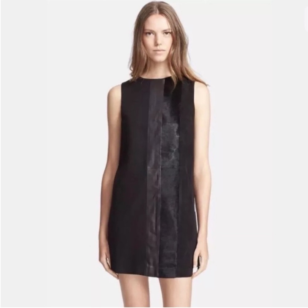 THEORY 'Elso' Black Calf Hair Suede Leather Panel Dress: 10